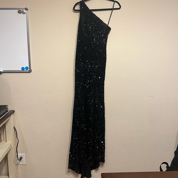 One Shouldered Black Sequined Chiffon Dress With Patent Flowers